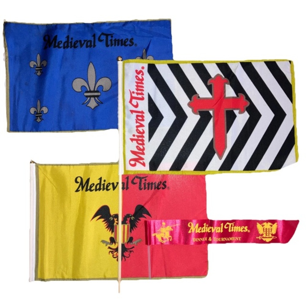 4 Vintage Cross Falcon Fleur-De-Lis Shield Medieval Times Tournament Flags Set..